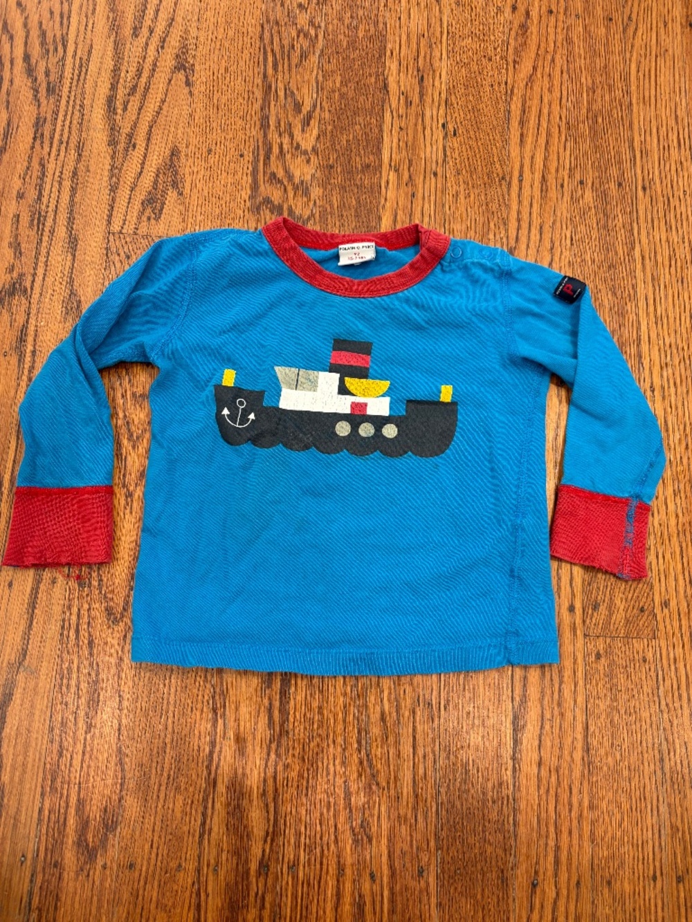 Polarn O. Pyret Long Sleeve Tee – Blue Boat Graphic (1.5–2Y)